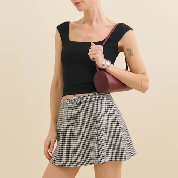 Reformation Rory Linen Belt Buckle A Line Mini Skirt Remy Check Gingham Plaid - Picture 3 of 10